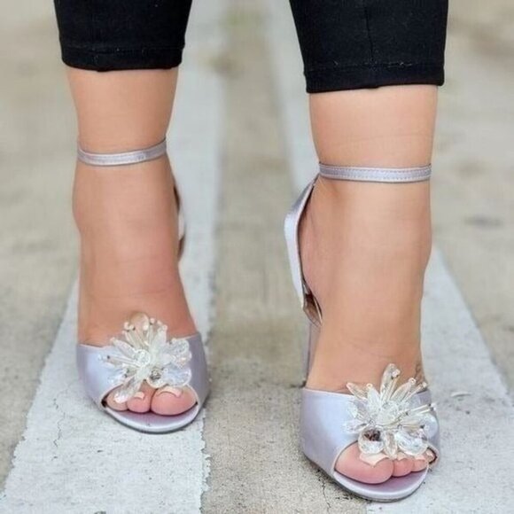 Women's Silver Satin Ankle‎ Strap High Heels - Picture 2 of 4